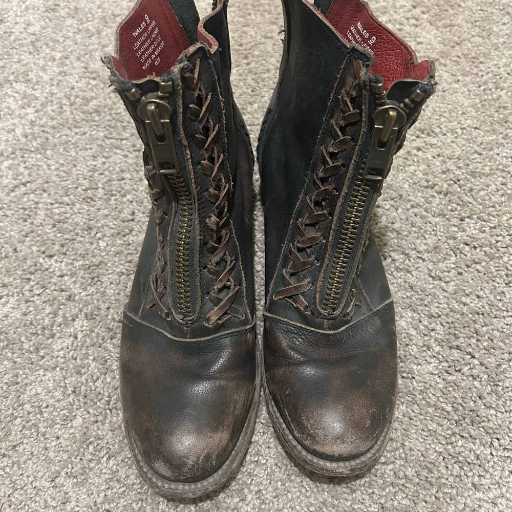 Dark brown Leather Lace-Up Boots with Zipper
